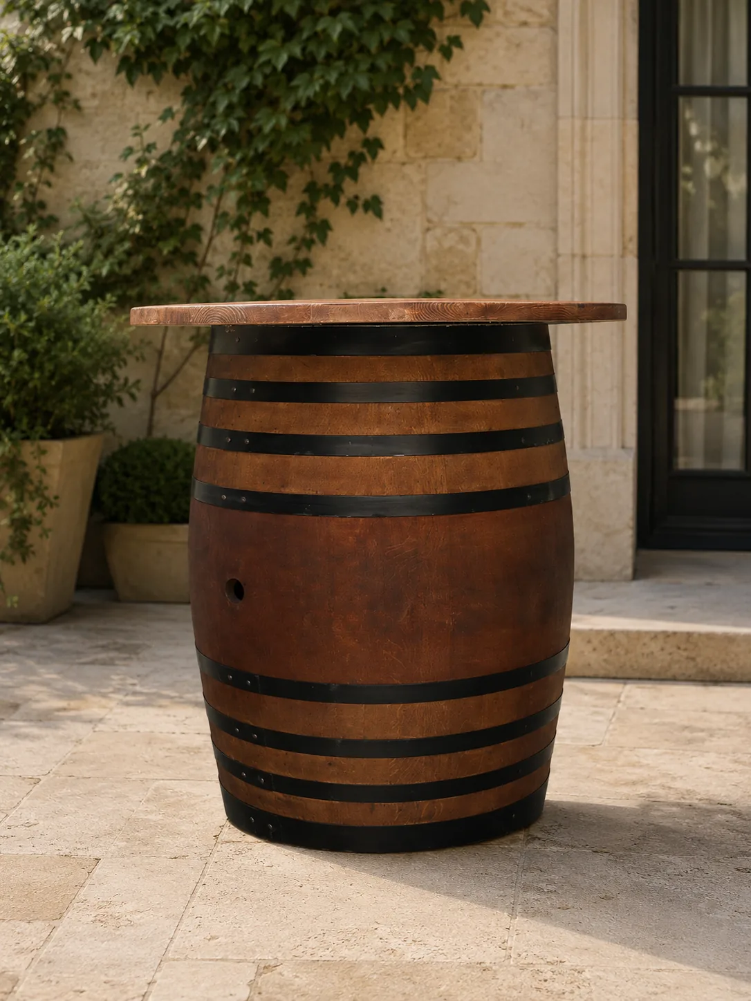 Rose et Bouchon | Table tonneau bois 400L – Ameublement bouteille vin — produit
